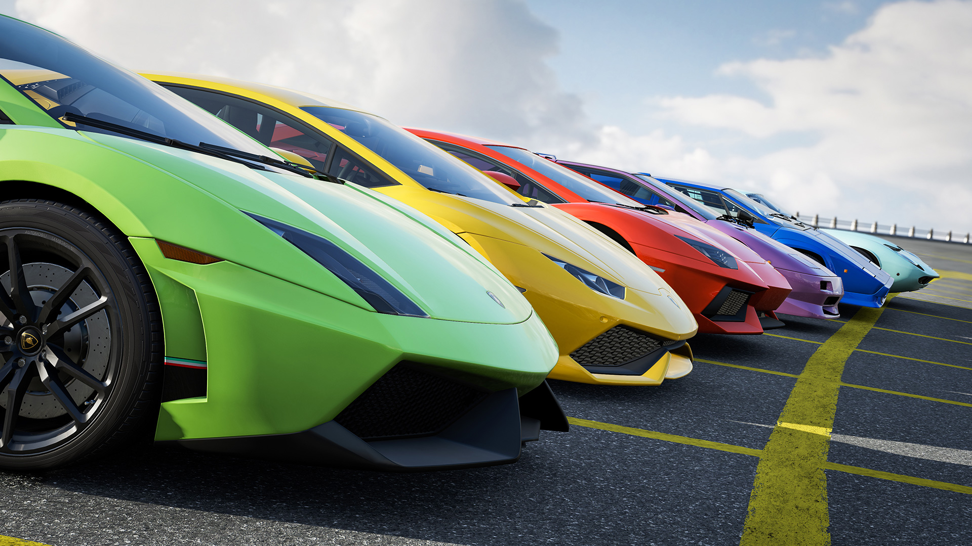 A row of Lamborghini's in Forza Motorsport